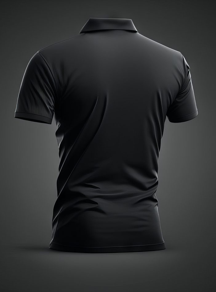 Back side of a dark gray mens athletic polo